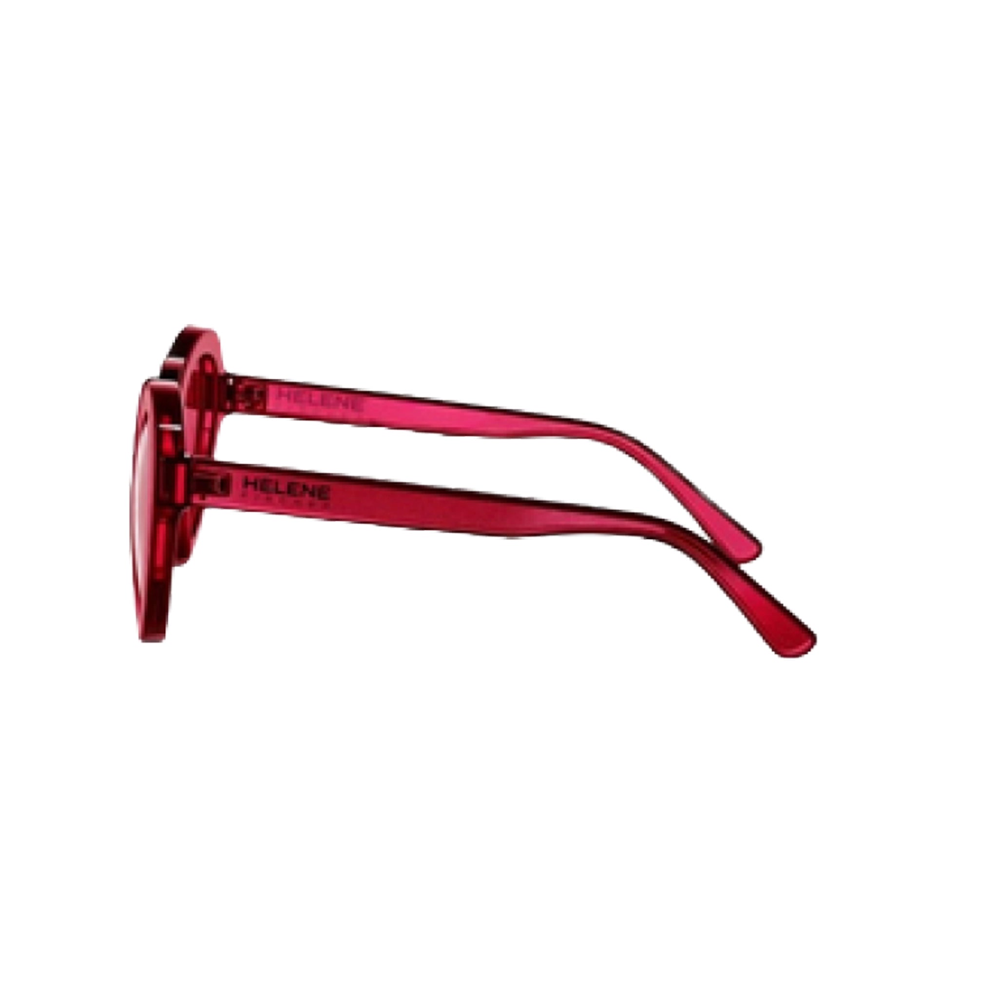 Rote Helene Fischer Fan-Sonnenbrille in Herzform aus transparentem Kunststoff in der Seitenansicht