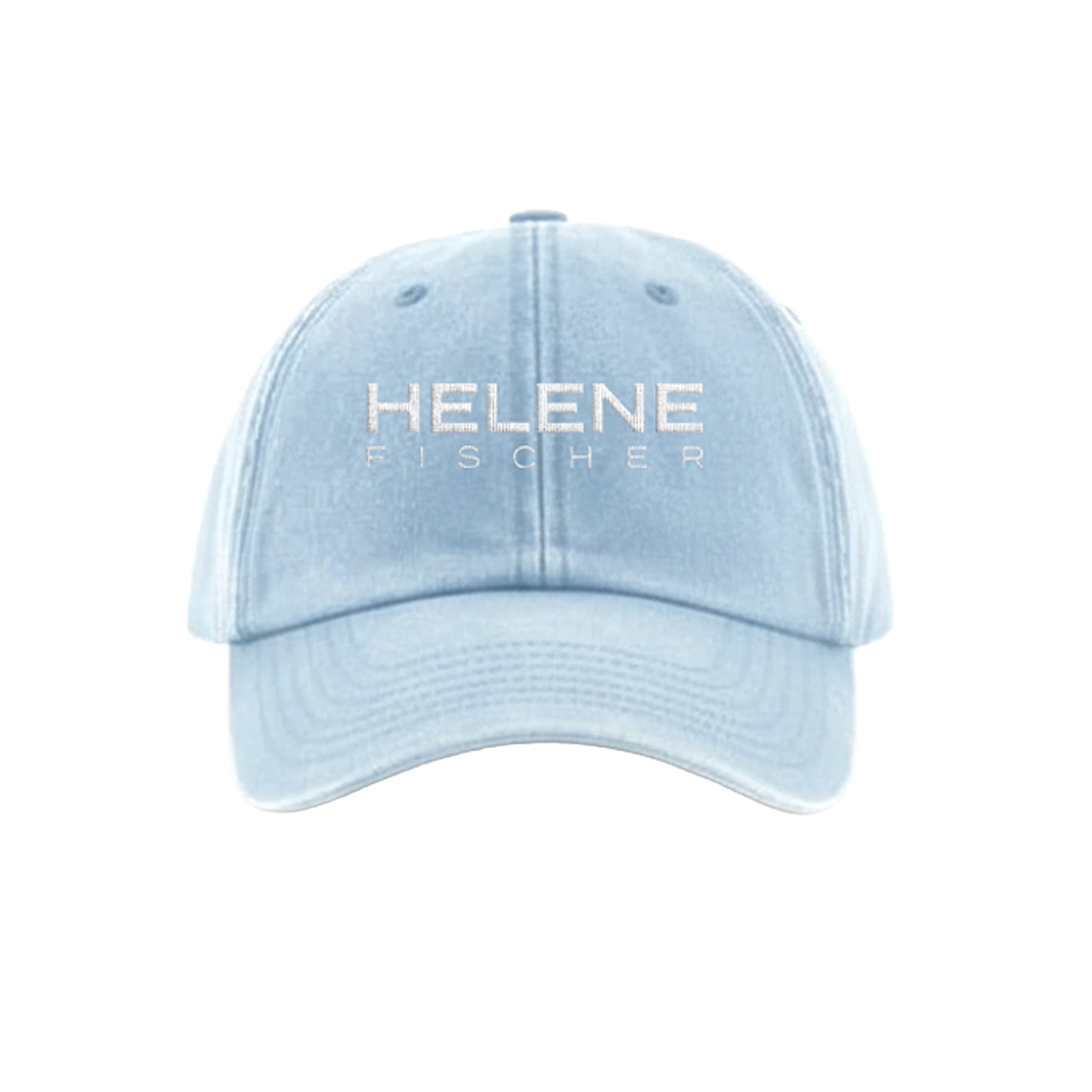 Hellblaue Helene Fischer Basecap aus gewaschener Baumwolle mit hochwertiger weißer „360° Stadion Tour 2026“ Stickerei seitlich und "Helene Fischer" Stickerei vorne. Bild zeigt Front- und Seitenansicht. nebeneinander.