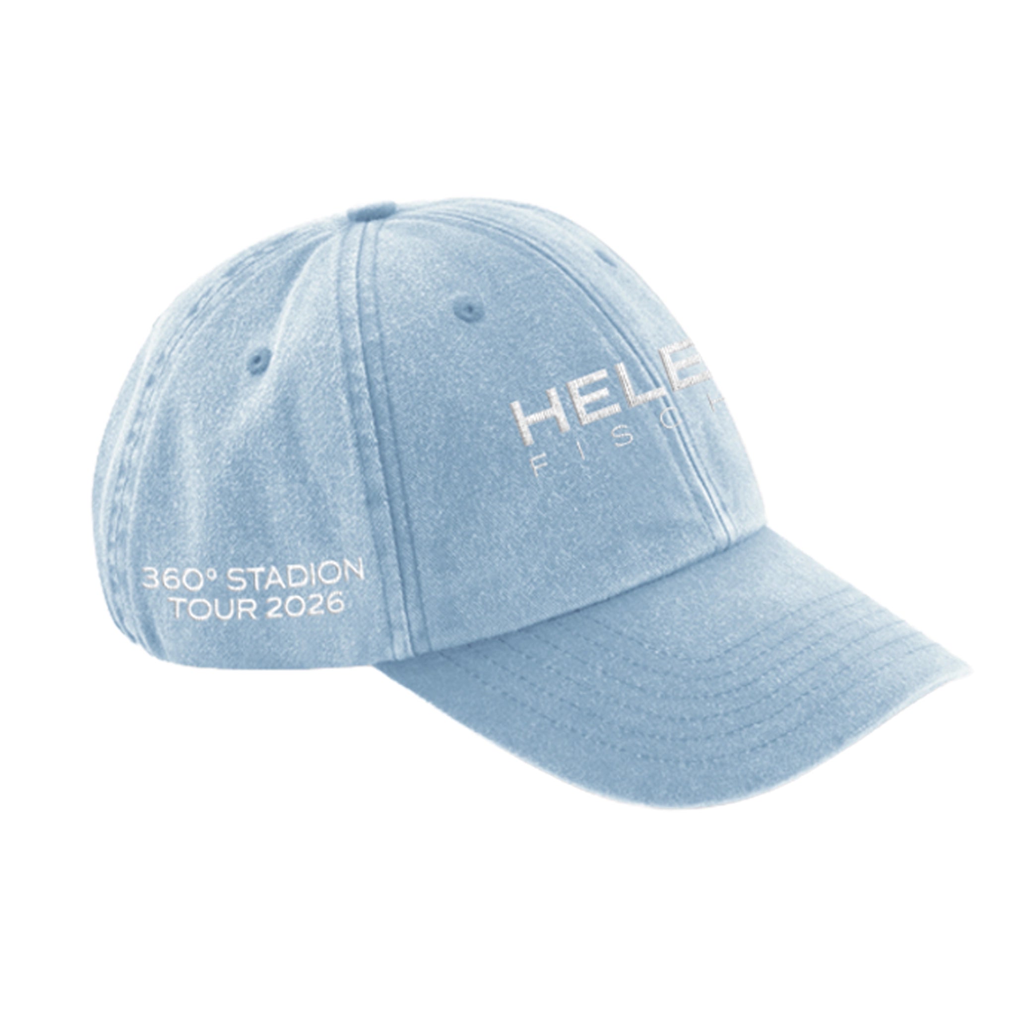 Seitenansicht einer Basecap in hellblau mit weißer 360° Stadion Tour Stickerei