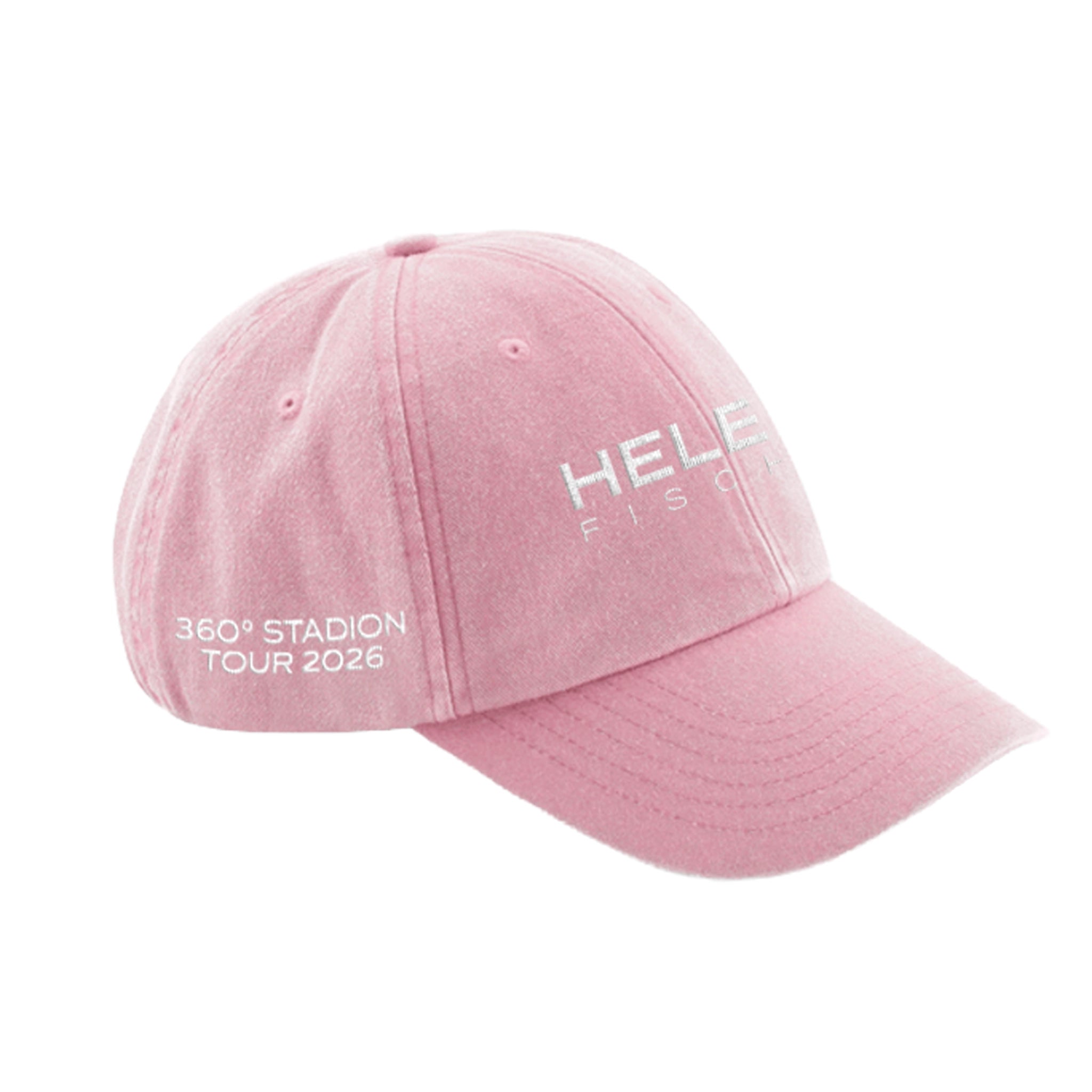 Seitenansicht einer Basecap in rosa mit weißer 360° Stadion Tour Stickerei