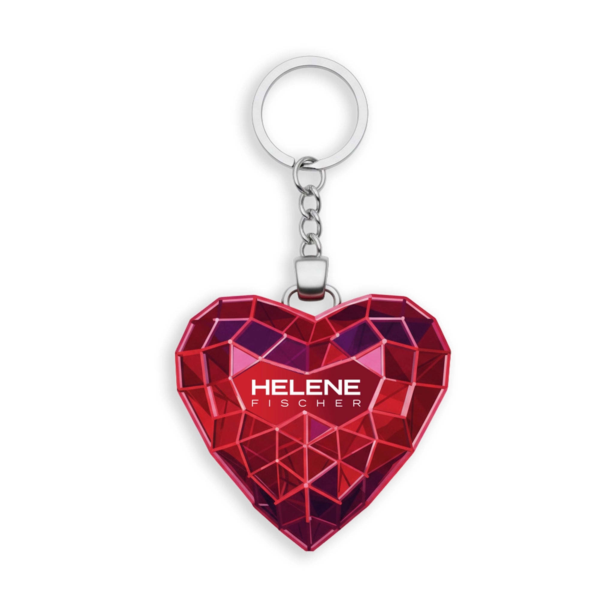 Schlüsselanhänger in Herzform mit einem modernen, rot facettierten Kristall-Look und weißem Helene Fischer Logo-Schriftzug.