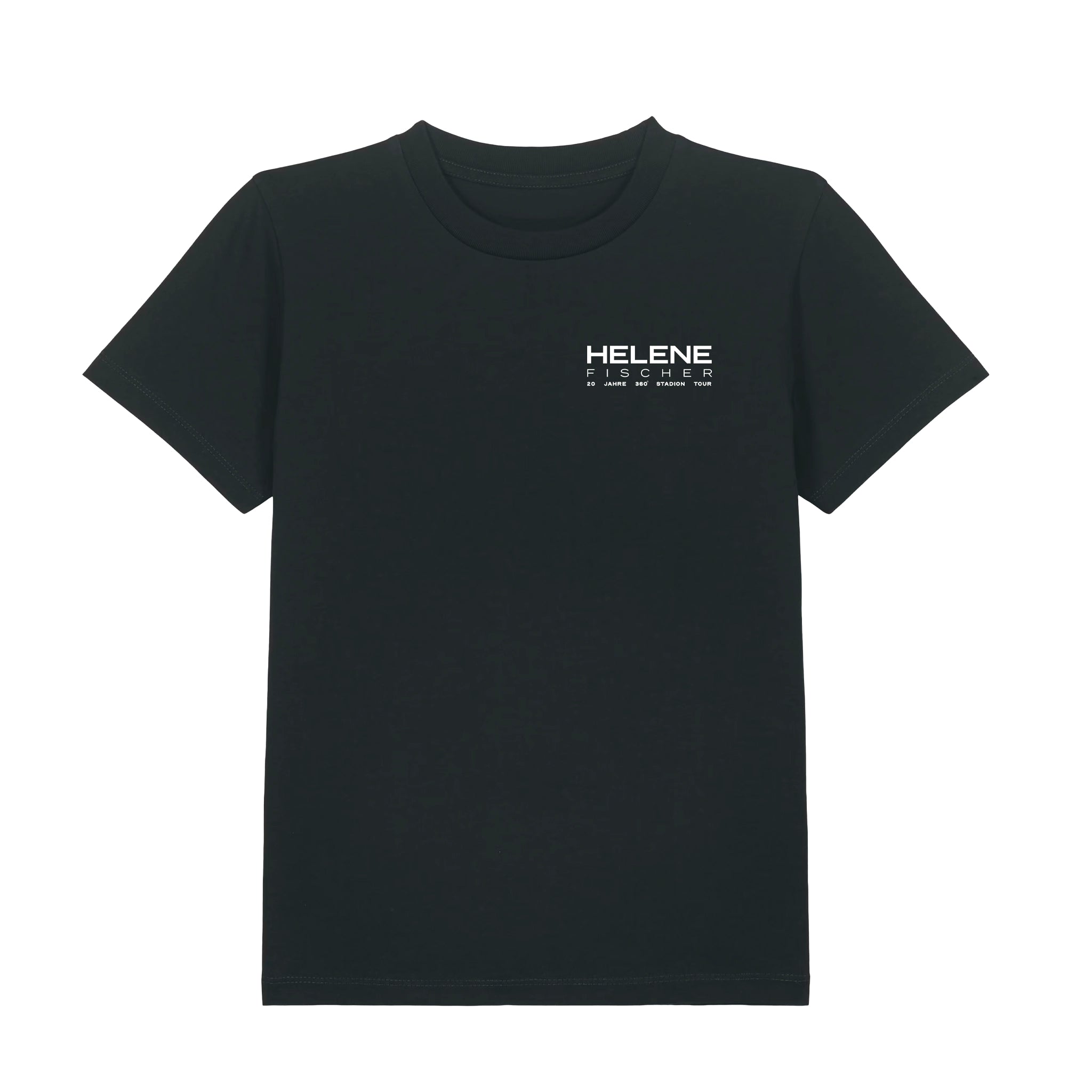 Vorderseite schwarzes T-Shirt für Kinder mit Helene Fischer 20 Jahre 360° Stadion Tour Druck auf der Brust