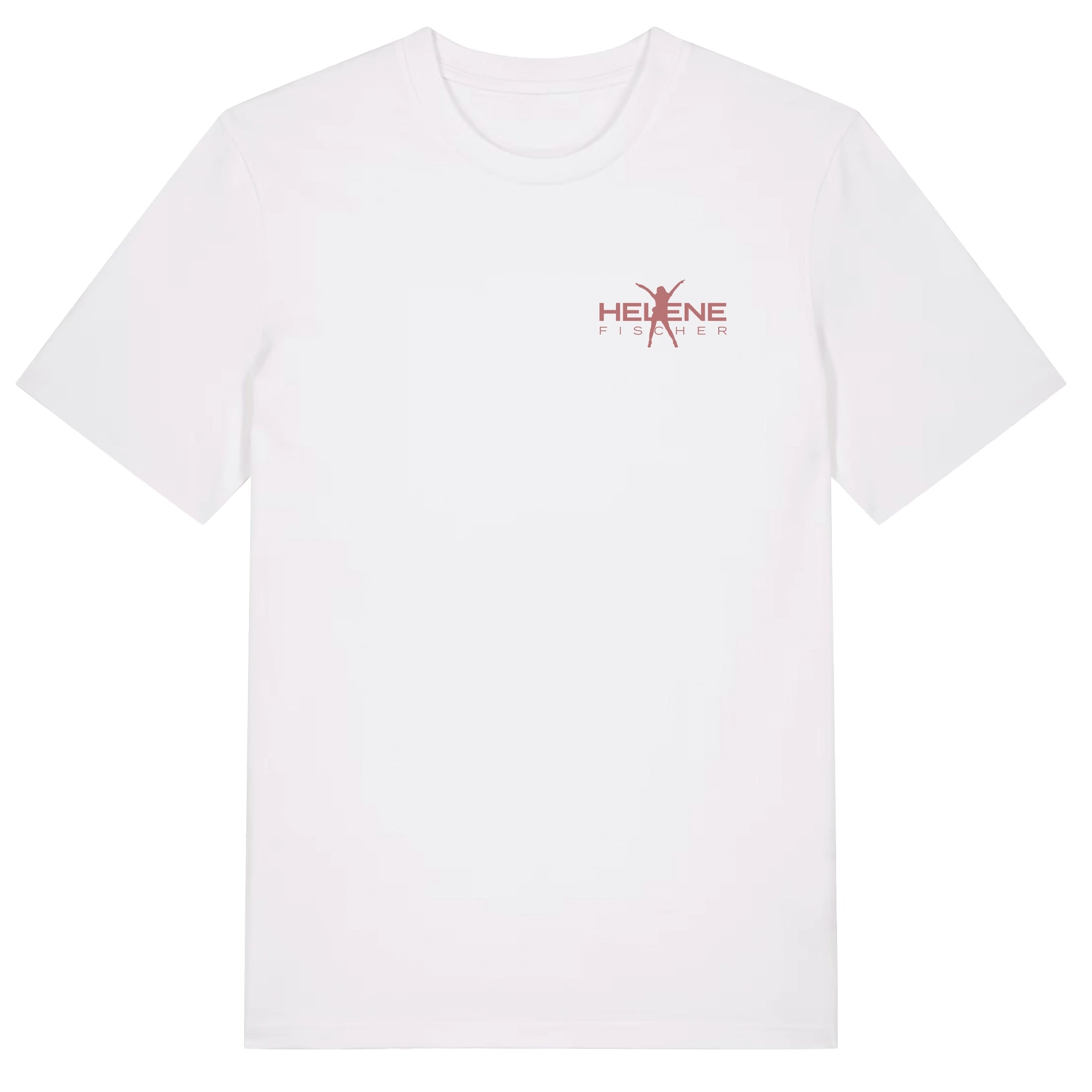 Vorderansicht eines weißen T-Shirts  mit Rundhalsausschnitt und kurzen Ärmeln. Auf der Brust ist ein dezenter, rosafarbener Helene Fischer Logo-Schriftzug aufgedruckt, der eine Silhouette der Sängerin enthält. 