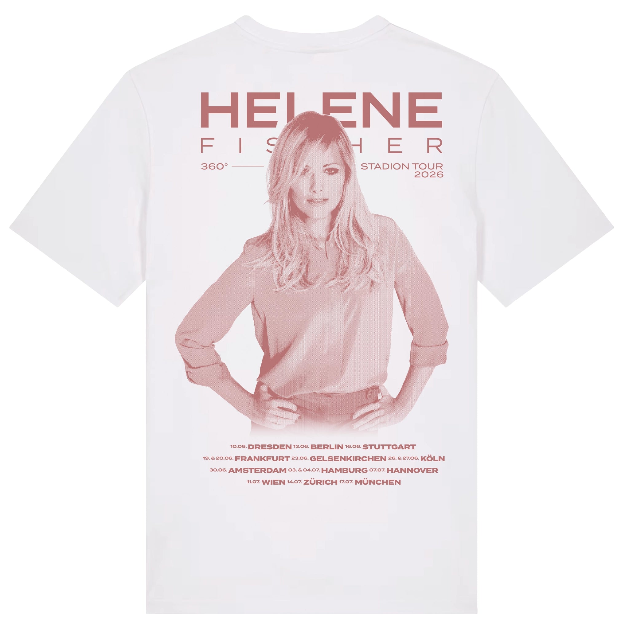 Weißes Helene Fischer T-Shirt zur „360° Stadion Tour 2026“ in der Vorder- und Rückansicht. Die Vorderseite zeigt einen kleinen, rosafarbenen Logo-Schriftzug auf der Brust, während auf der Rückseite ein großes Porträt der Sängerin sowie die offiziellen Tourdaten aufgedruckt sind. 