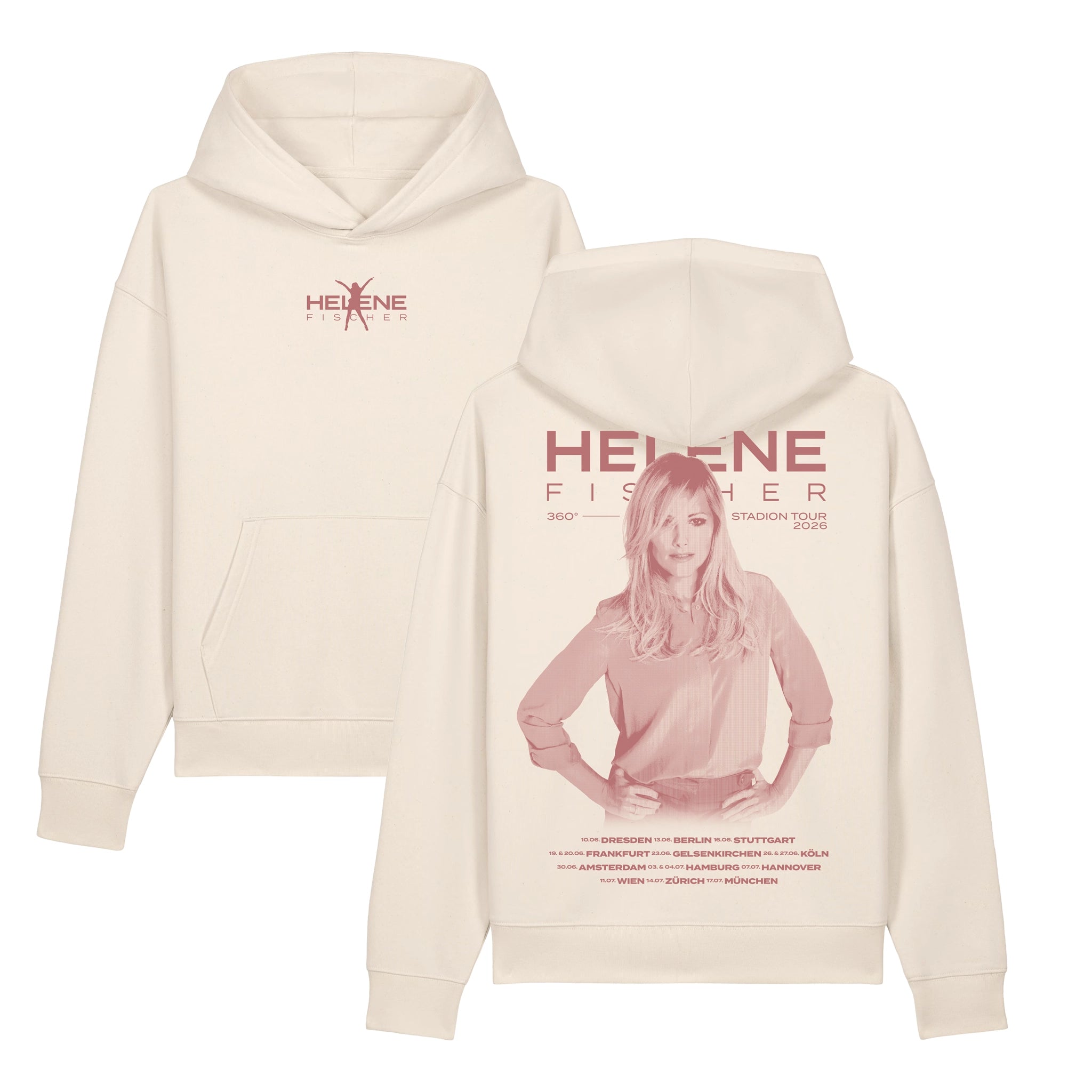Cremefarbener Helene Fischer Hoodie zur „360° Stadion Tour 2026“ in der Front- und Rückansicht. Das offizielle Konzert-Merchandise kombiniert ein dezentes Brustlogo mit einem großflächigen Porträt-Backprint inklusive aller Tourdaten. 