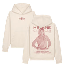 Cremefarbener Helene Fischer Hoodie zur „360° Stadion Tour 2026“ in der Front- und Rückansicht. Das offizielle Konzert-Merchandise kombiniert ein dezentes Brustlogo mit einem großflächigen Porträt-Backprint inklusive aller Tourdaten. 