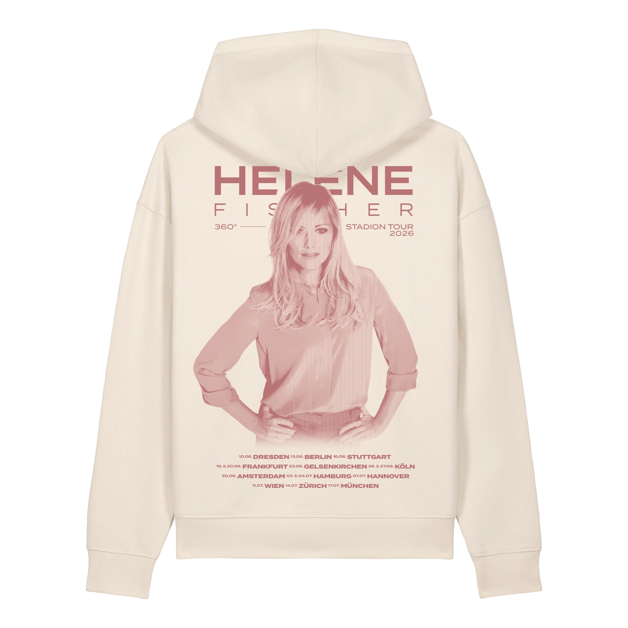 Cremefarbener Helene Fischer Hoodie zur „360° Stadion Tour 2026“ in der Front- und Rückansicht. Das offizielle Konzert-Merchandise kombiniert ein dezentes Brustlogo mit einem großflächigen Porträt-Backprint inklusive aller Tourdaten. 