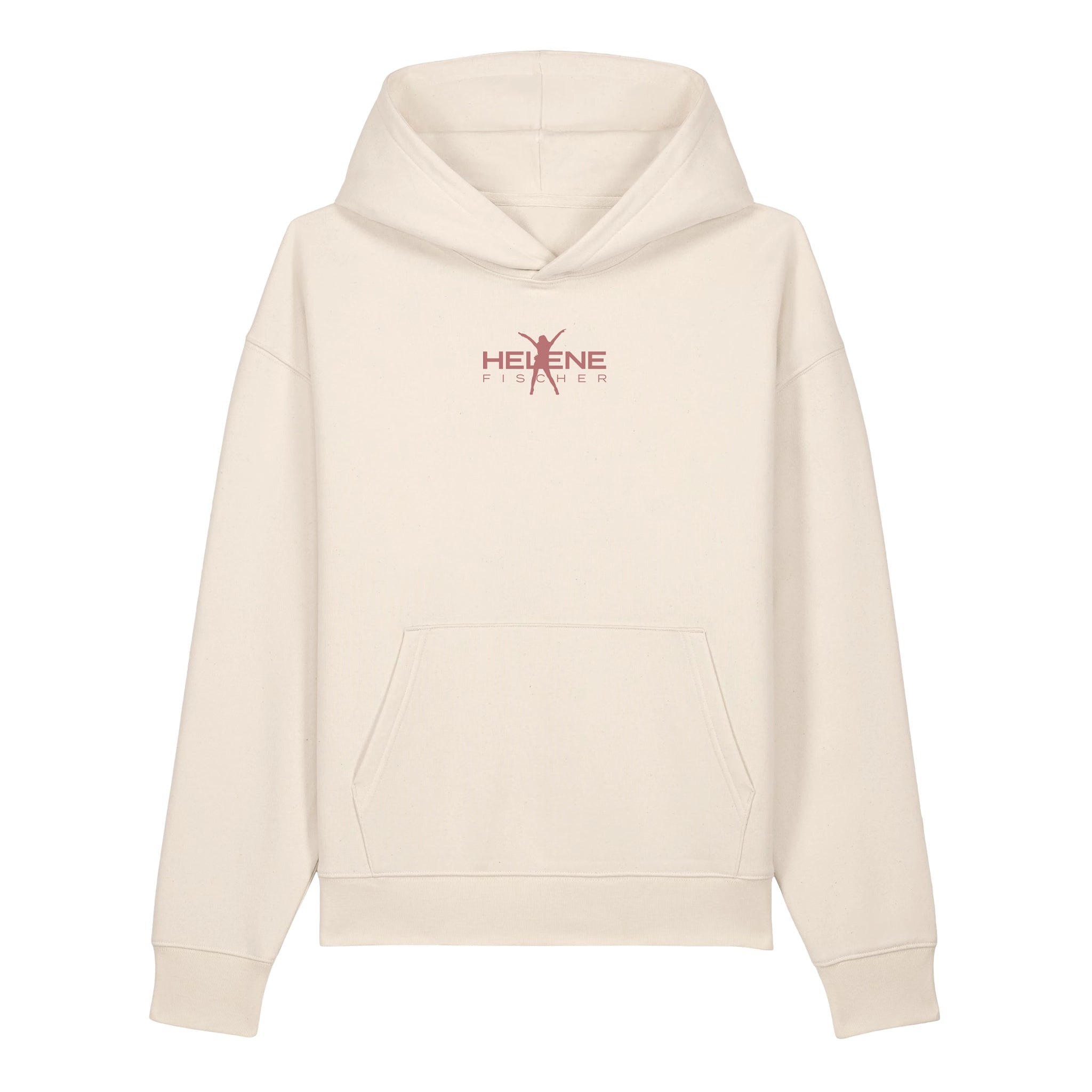 Vorderansicht des cremefarbenen Helene Fischer Hoodies mit klassischer Kängurutasche und gemütlicher Kapuze. Mittig auf der Brust befindet sich ein dezenter, rosafarbener Logo-Schriftzug mit der Silhouette der Künstlerin.