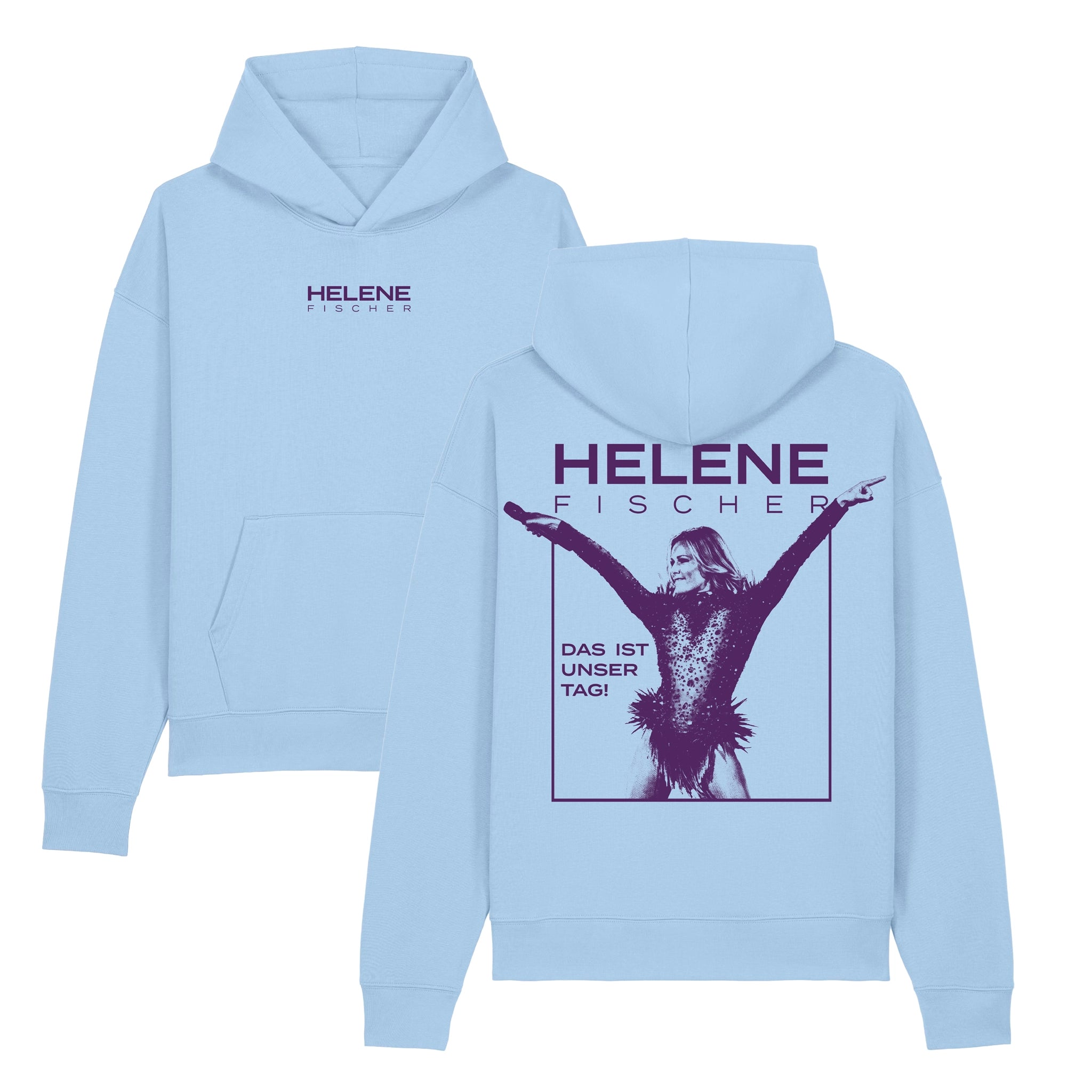Hellblauer Helene Fischer Kapuzenpullover „Das ist unser Tag!“ in der Vorder- und Rückansicht. Das offizielle Merchandise-Produkt kombiniert einen minimalistischen Logo-Schriftzug auf der Brust mit einem großen, lilafarbenen Grafikprint auf der Rückseite. 