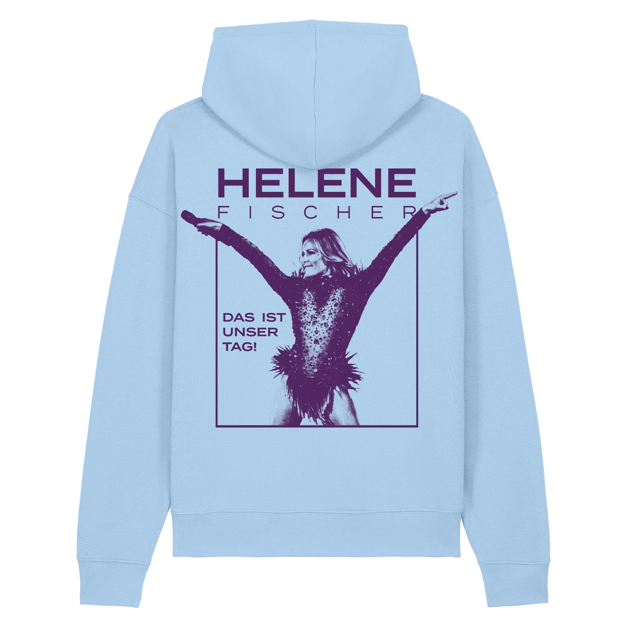 Hellblauer Helene Fischer Kapuzenpullover „Das ist unser Tag!“ in der Vorder- und Rückansicht. Das offizielle Merchandise-Produkt kombiniert einen minimalistischen Logo-Schriftzug auf der Brust mit einem großen, lilafarbenen Grafikprint auf der Rückseite. 