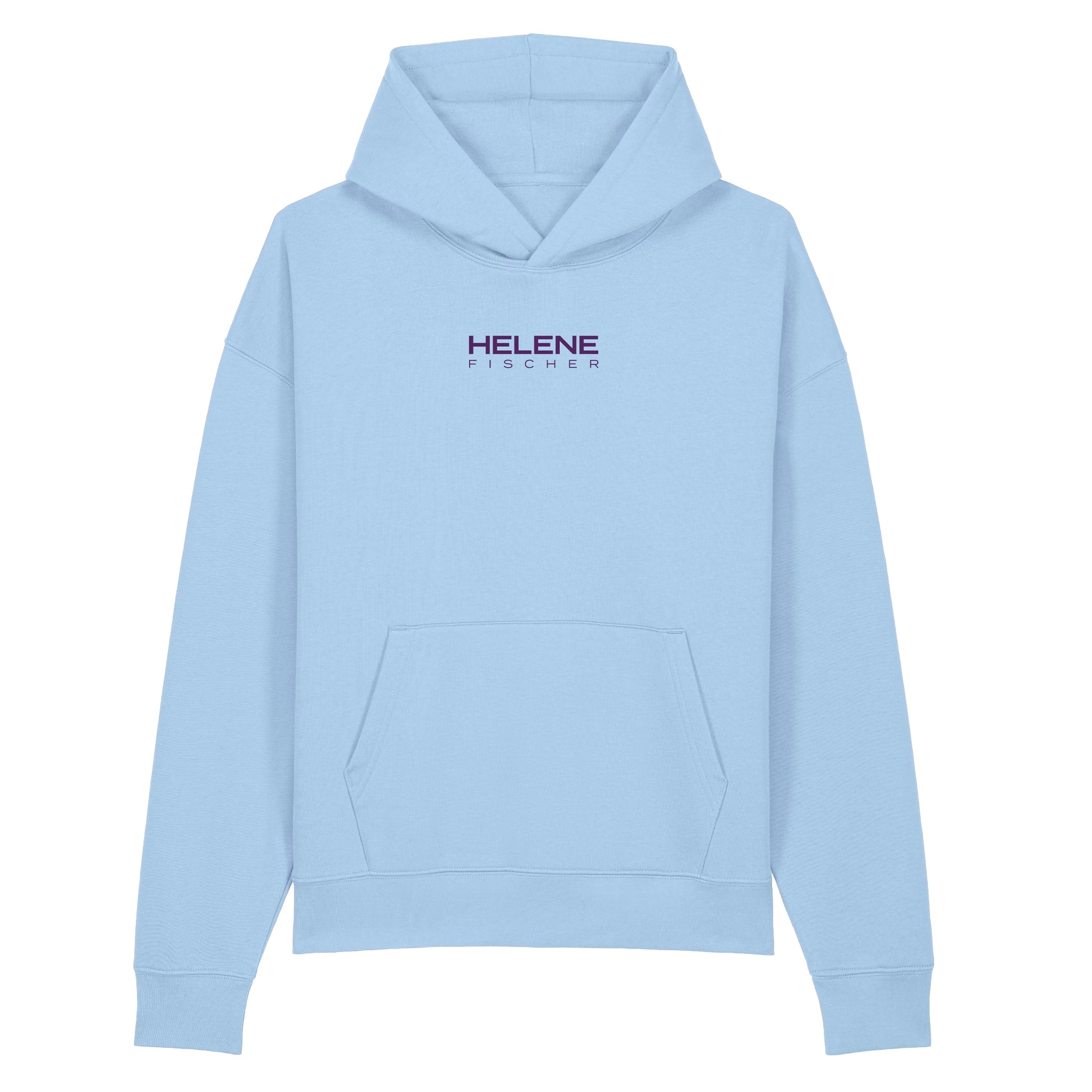 Vorderansicht des hellblauen Helene Fischer Hoodies mit klassischer Kängurutasche und Kapuze. Mittig auf der Brust befindet sich ein dezenter, lilafarbener „Helene Fischer“ Logo-Schriftzug. 