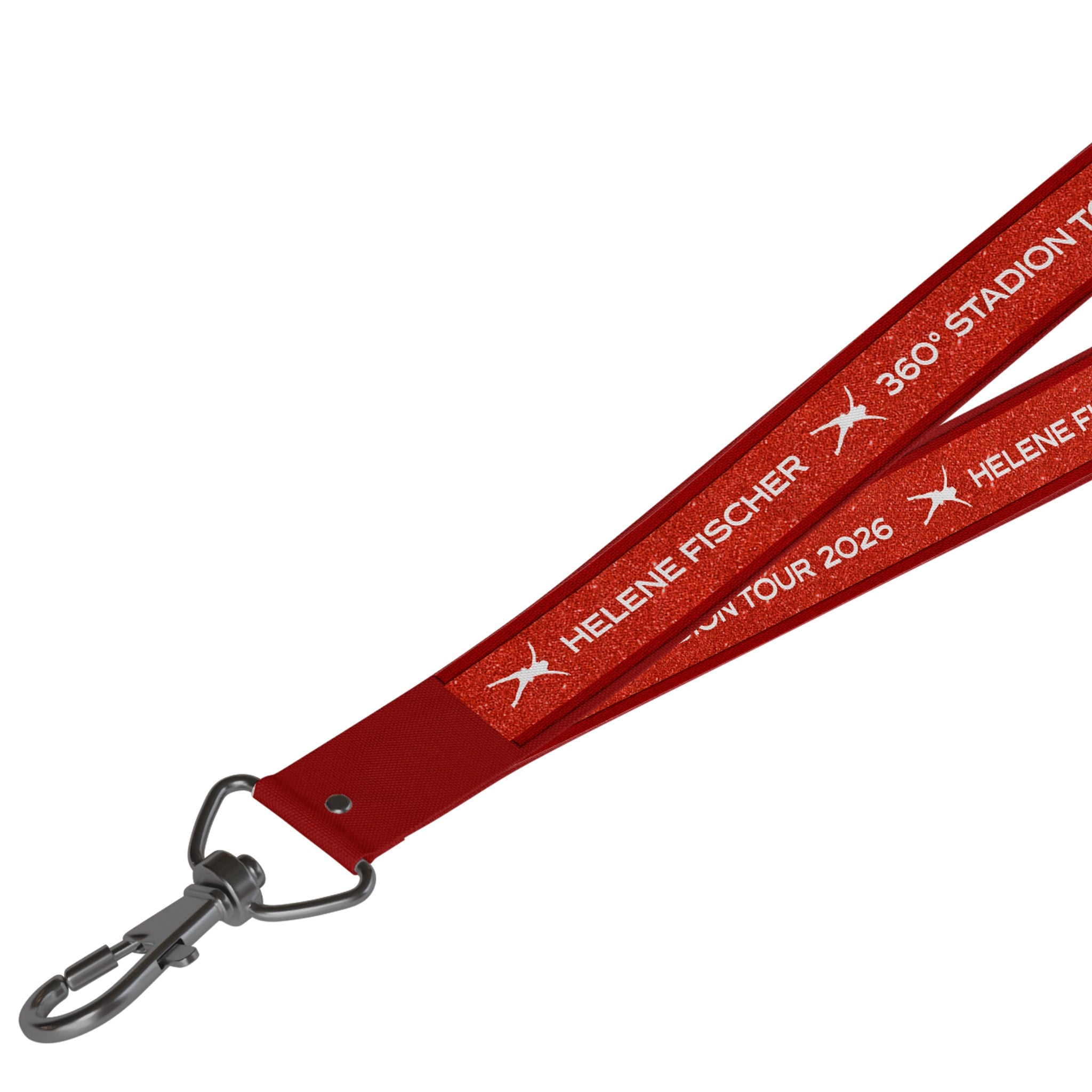 Rotes Helene Fischer Schlüsselband (Lanyard) mit weißem Aufdruck „360° Stadion Tour 2026“ und einem stabilen Metallkarabiner. 