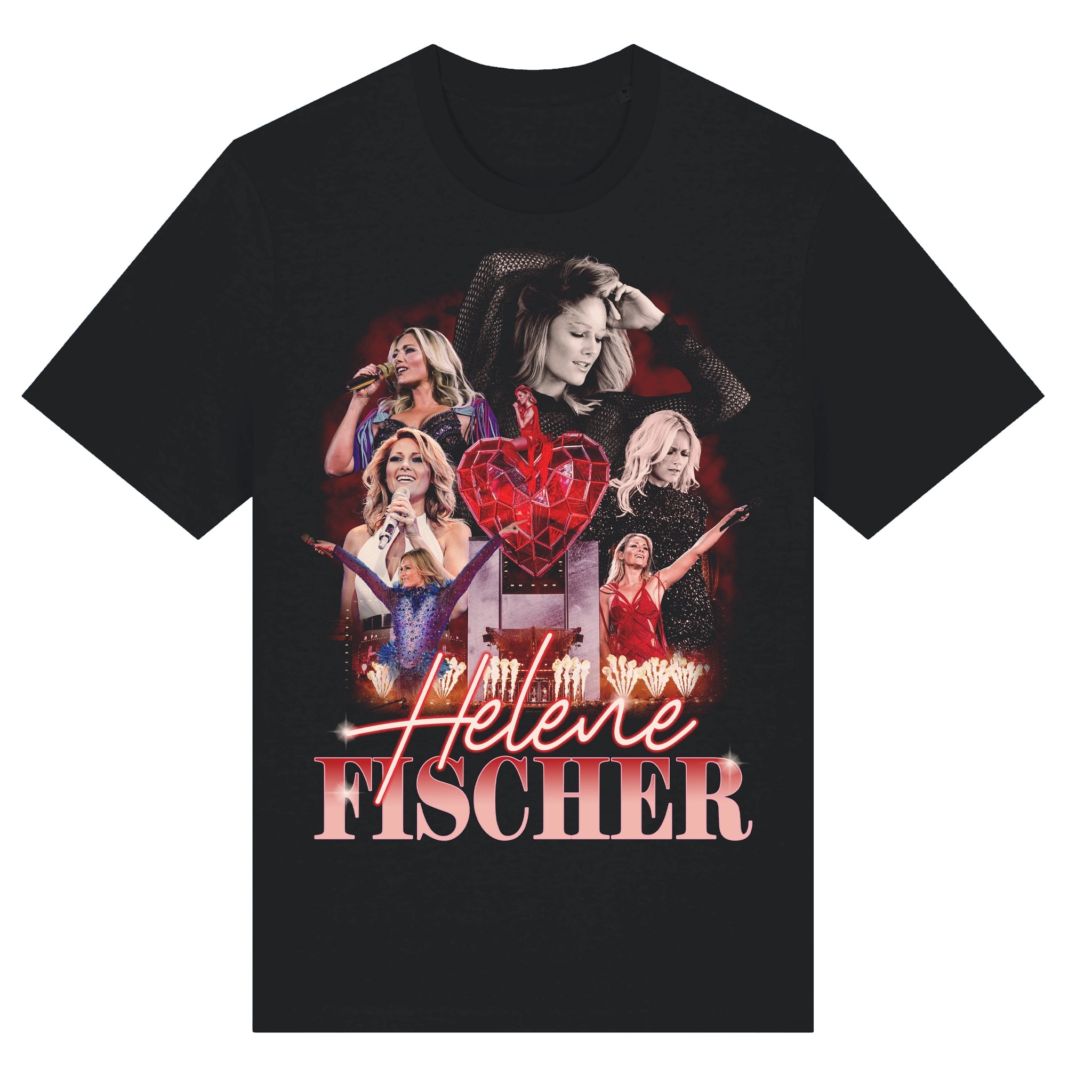 Schwarzes Helene Fischer „Retro Shirt“ T-Shirt mit einer Foto-Collage der Sängerin in verschiedenen Bühnen-Outfits. Der Aufdruck zeigt zudem ein rotes Herz in Kristall-Optik, Pyrotechnik und den Schriftzug „Helene Fischer“.