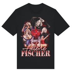 Schwarzes Helene Fischer „Retro Shirt“ T-Shirt mit einer Foto-Collage der Sängerin in verschiedenen Bühnen-Outfits. Der Aufdruck zeigt zudem ein rotes Herz in Kristall-Optik, Pyrotechnik und den Schriftzug „Helene Fischer“.