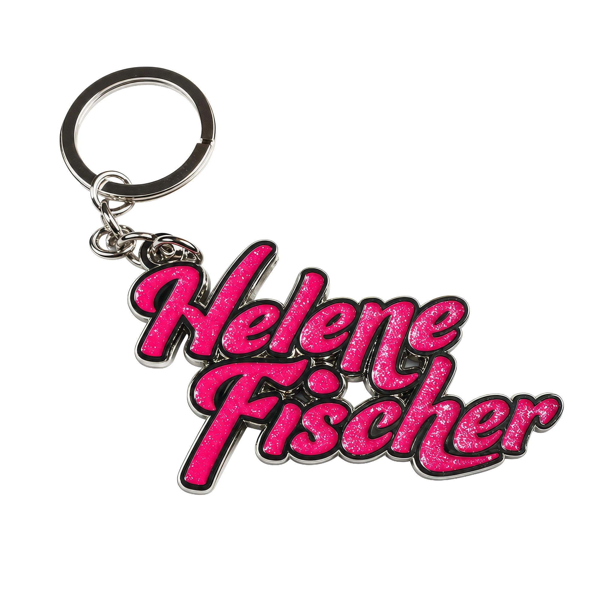 Robuster Helene Fischer Schlüsselanhänger aus silberfarbenem Metall mit geschwungenem Namenszug und funkelnder, pinker Glitzer-Einlage.