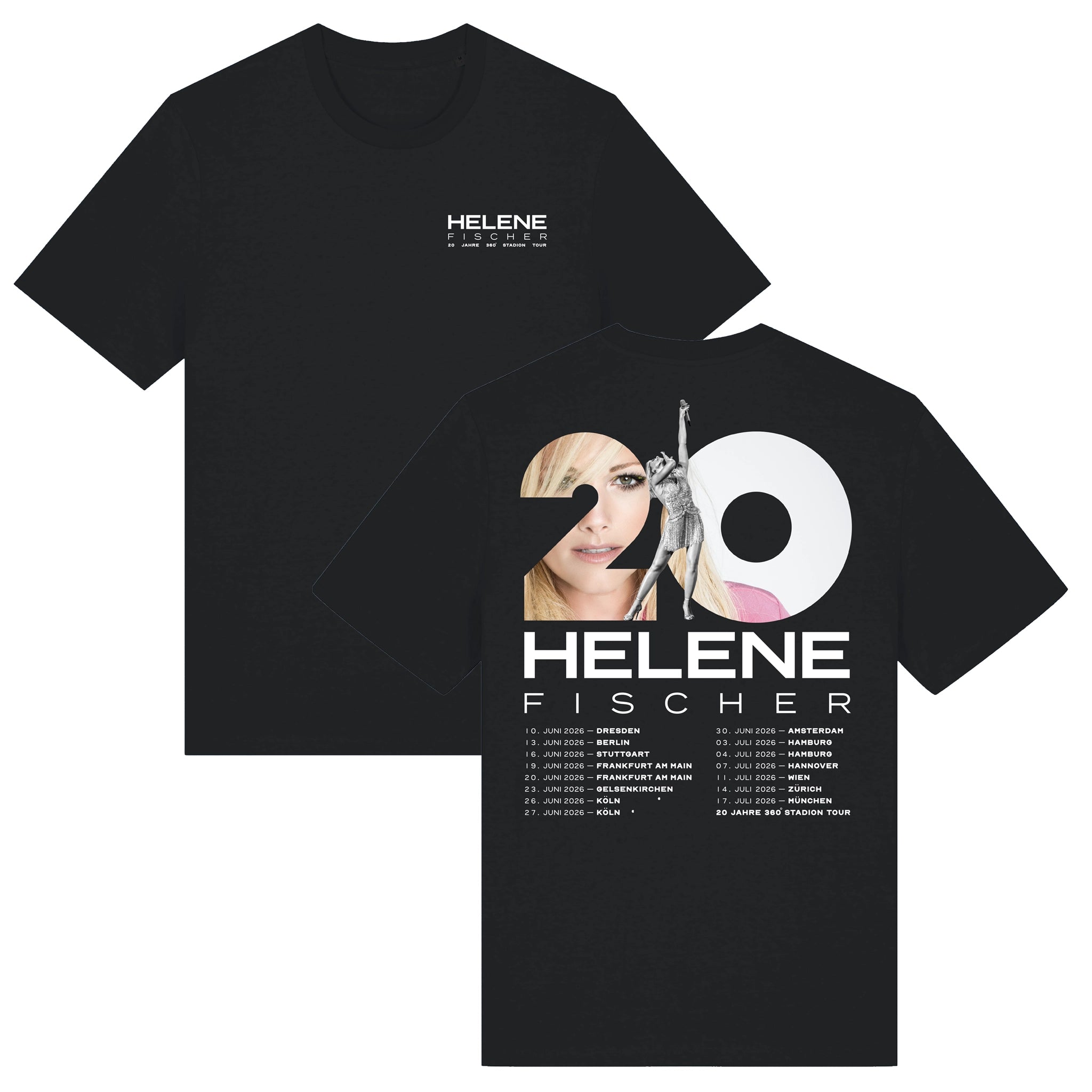 Schwarzes Helene Fischer Merchandise Tour-Shirt in der Vorder- und Rückansicht. Die Vorderseite zeigt einen kleinen weißen Brustprint, während auf der Rückseite eine große Grafik zum 20-jährigen Jubiläum sowie die Konzertdaten der Stadion-Tour 2026 abgebildet sind. 