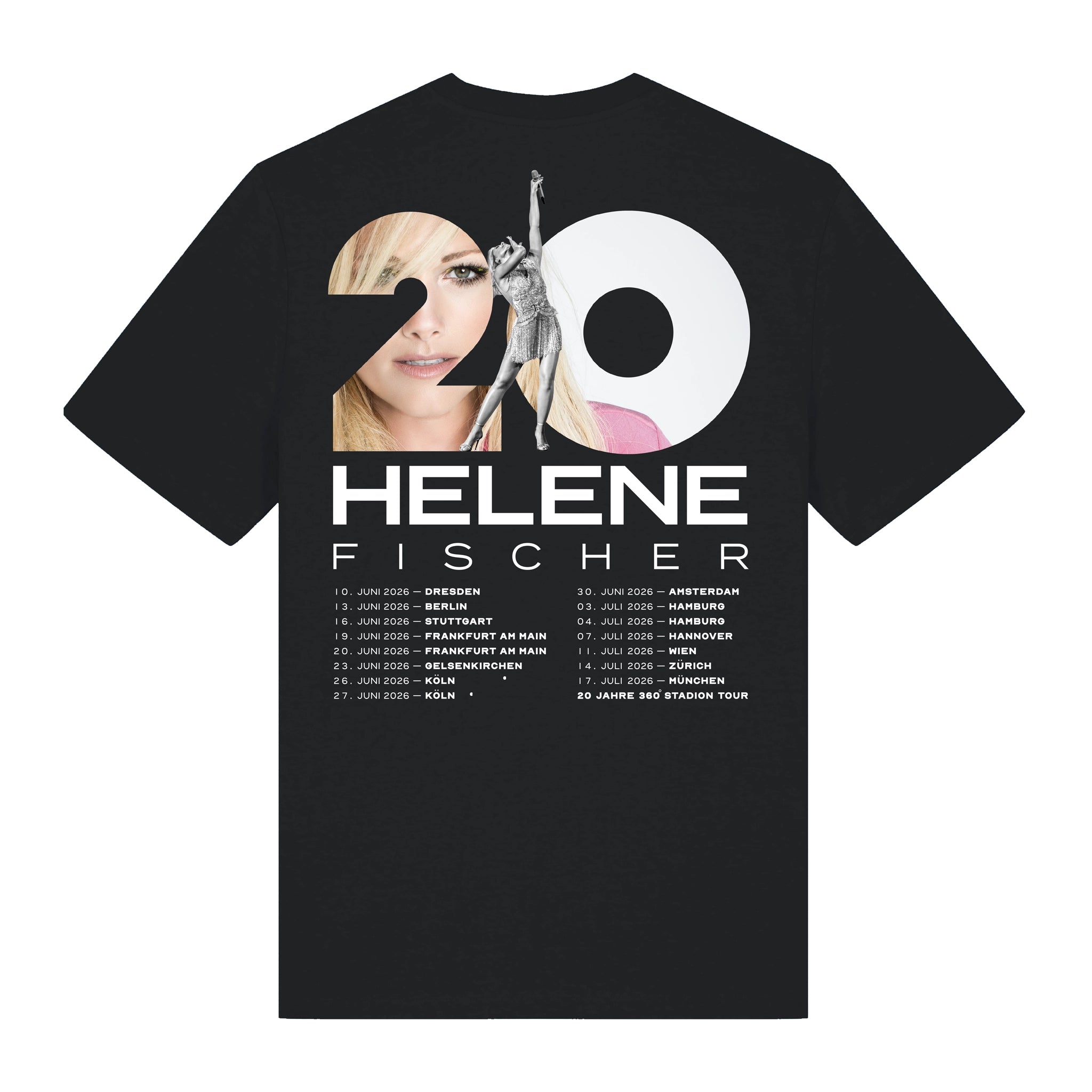 Schwarzes Helene Fischer Merchandise Tour-Shirt in der Vorder- und Rückansicht. Die Vorderseite zeigt einen kleinen weißen Brustprint, während auf der Rückseite eine große Grafik zum 20-jährigen Jubiläum sowie die Konzertdaten der Stadion-Tour 2026 abgebildet sind. 