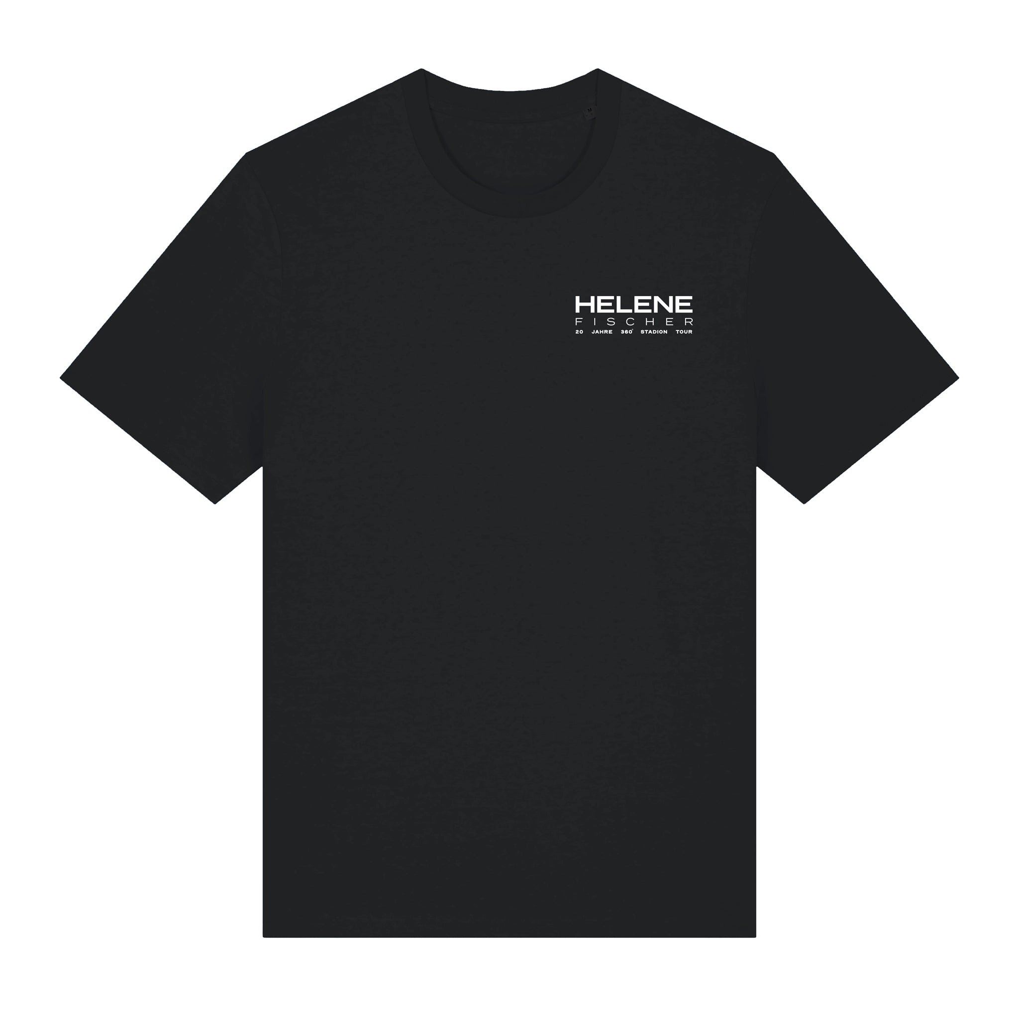 Vorderansicht eines schwarzen T-Shirts von Helene Fischer mit Rundhalsausschnitt. Auf der linken Brust befindet sich ein kleiner weißer Textaufdruck mit dem Schriftzug „HELENE FISCHER 20 JAHRE 360° STADION TOUR“.  