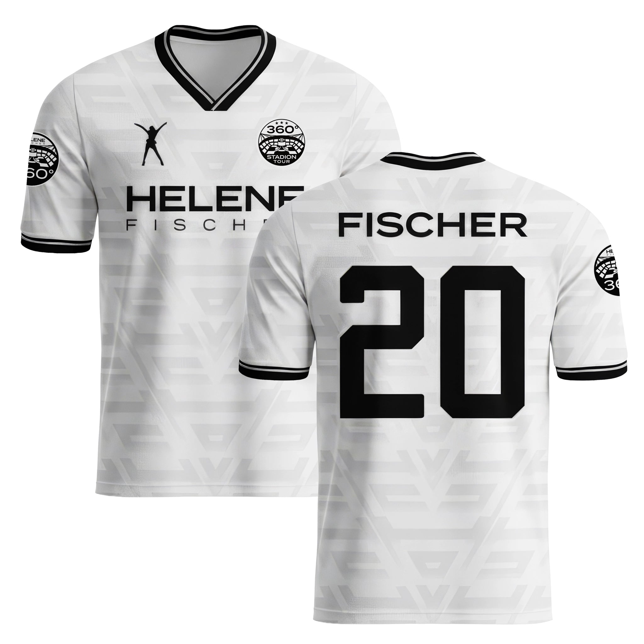 Vorder- und Rückansicht eines weißen Helene Fischer Fan-Trikots mit hellgrauem Grafikmuster und schwarzen Akzenten. Die Vorderseite zeigt den Schriftzug „Helene Fischer“ sowie das Tour-Logo, während auf der Rückseite der Name „Fischer“ und die Nummer 20 aufgedruckt sind. 
