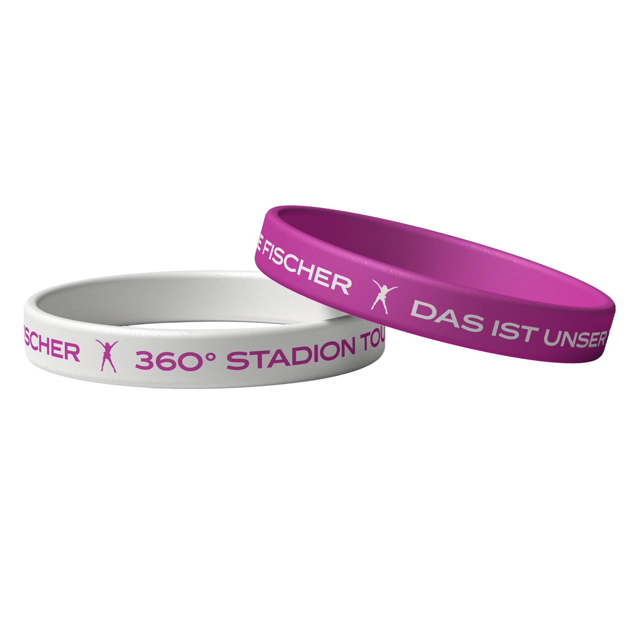Darstellung von 2 Armbändern in Weiß und Magenta mit den Schriftzügen „HELENE FISCHER - 360° STADION TOUR 2026“ und „HELENE FISCHER - DAS IST UNSER TAG!“ inklusive der ikonischen Helene Fischer Logo-Silhouette. 
