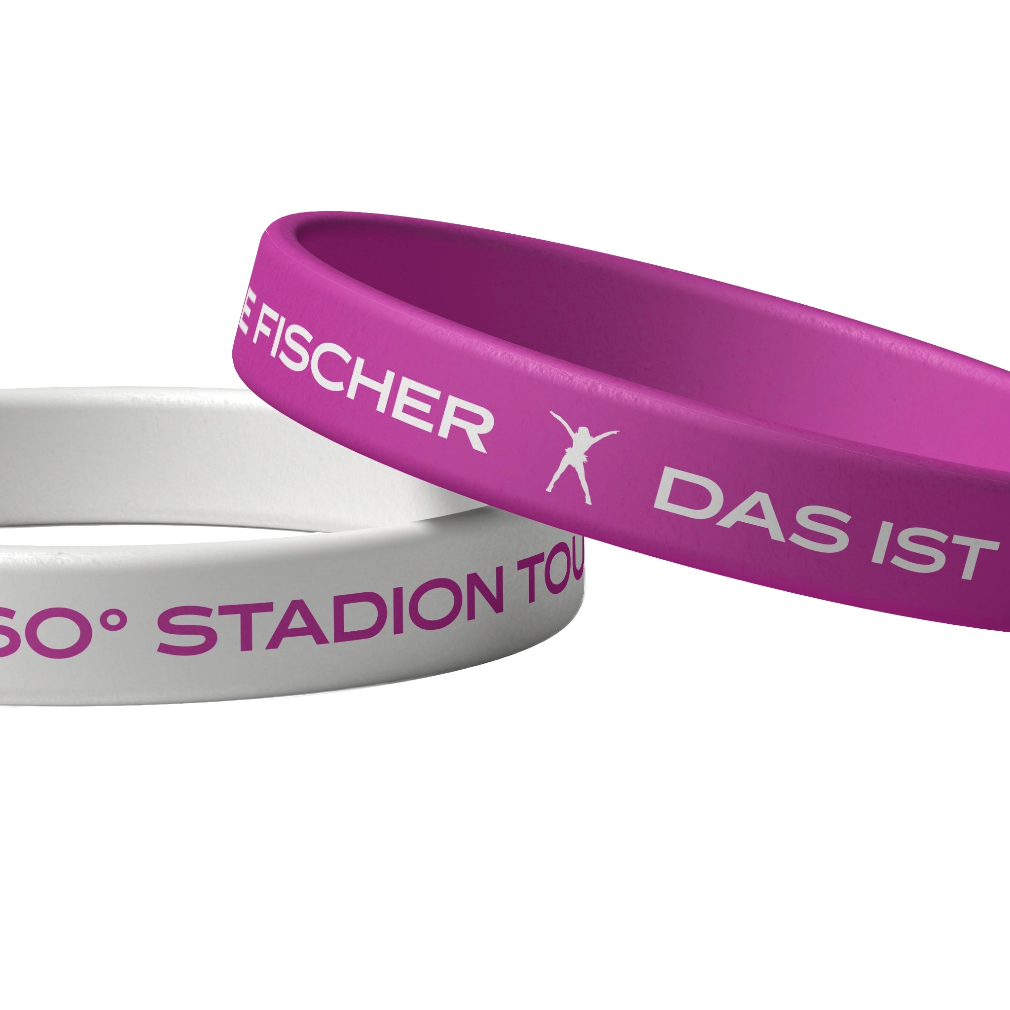 Darstellung von 2 Armbändern in Weiß und Magenta mit den Schriftzügen „HELENE FISCHER - 360° STADION TOUR 2026“ und „HELENE FISCHER - DAS IST UNSER TAG!“ inklusive der ikonischen Helene Fischer Logo-Silhouette. 
