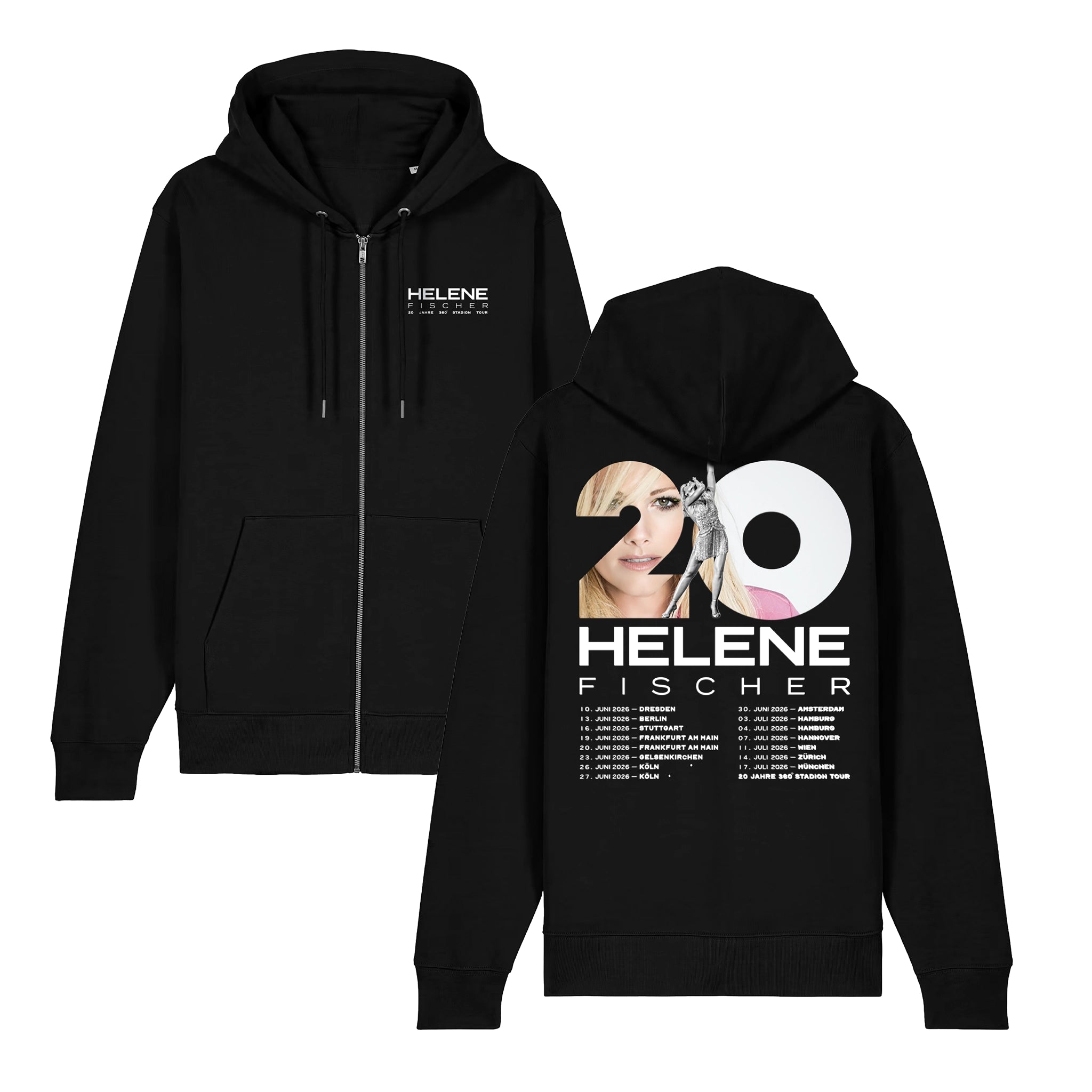 Schwarze Kapuzenjacke mit Reißverschluss in der Vorder- und Rückansicht. Auf der Vorderseite ist ein kleiner weißer Helene Fischer Brustprint aufgebracht, während die Rückseite eine große Jubiläumsgrafik mit der Zahl 20 und die Tourdaten zeigt. 