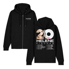Schwarze Kapuzenjacke mit Reißverschluss in der Vorder- und Rückansicht. Auf der Vorderseite ist ein kleiner weißer Helene Fischer Brustprint aufgebracht, während die Rückseite eine große Jubiläumsgrafik mit der Zahl 20 und die Tourdaten zeigt. 