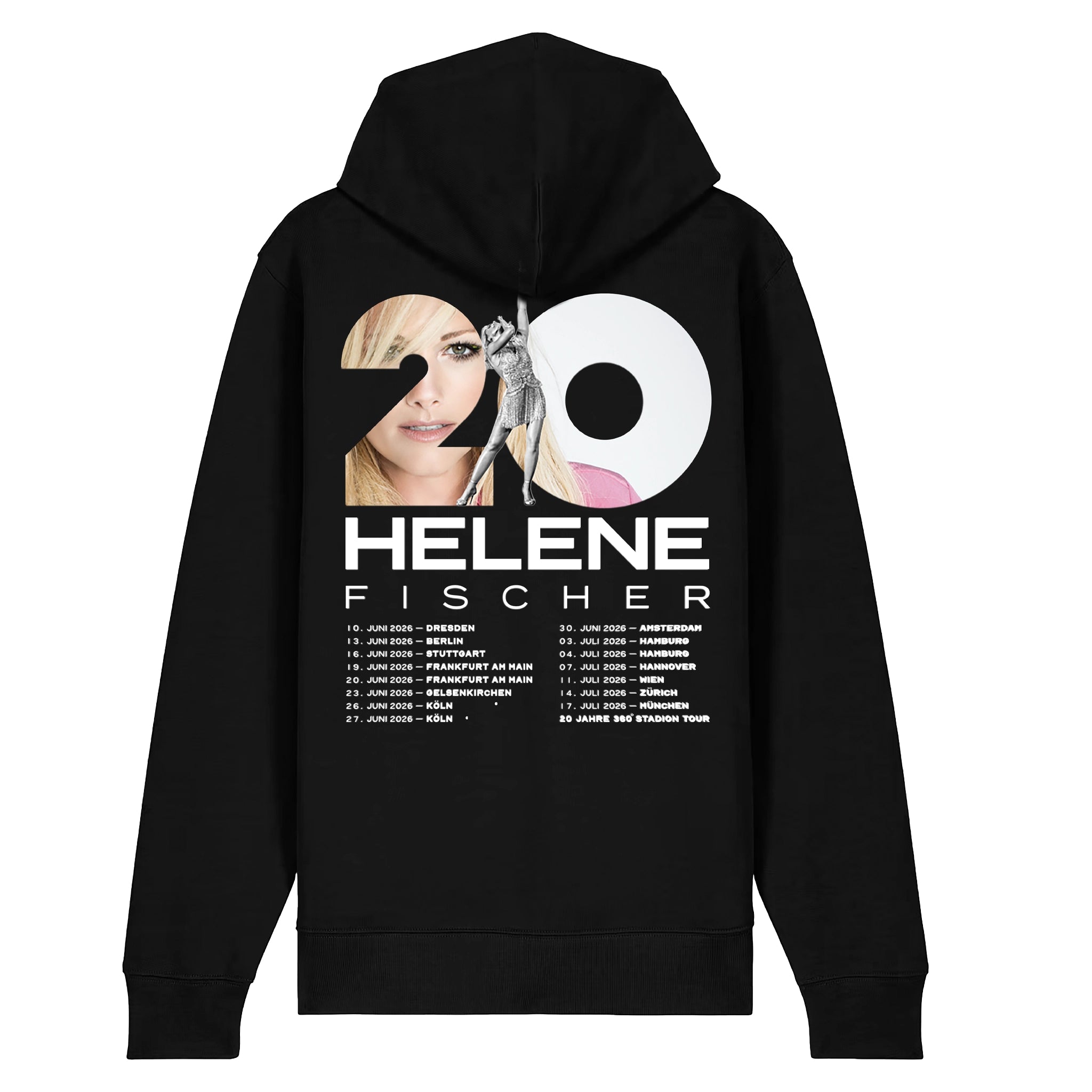 Schwarze Kapuzenjacke mit Reißverschluss in der Vorder- und Rückansicht. Auf der Vorderseite ist ein kleiner weißer Helene Fischer Brustprint aufgebracht, während die Rückseite eine große Jubiläumsgrafik mit der Zahl 20 und die Tourdaten zeigt. 