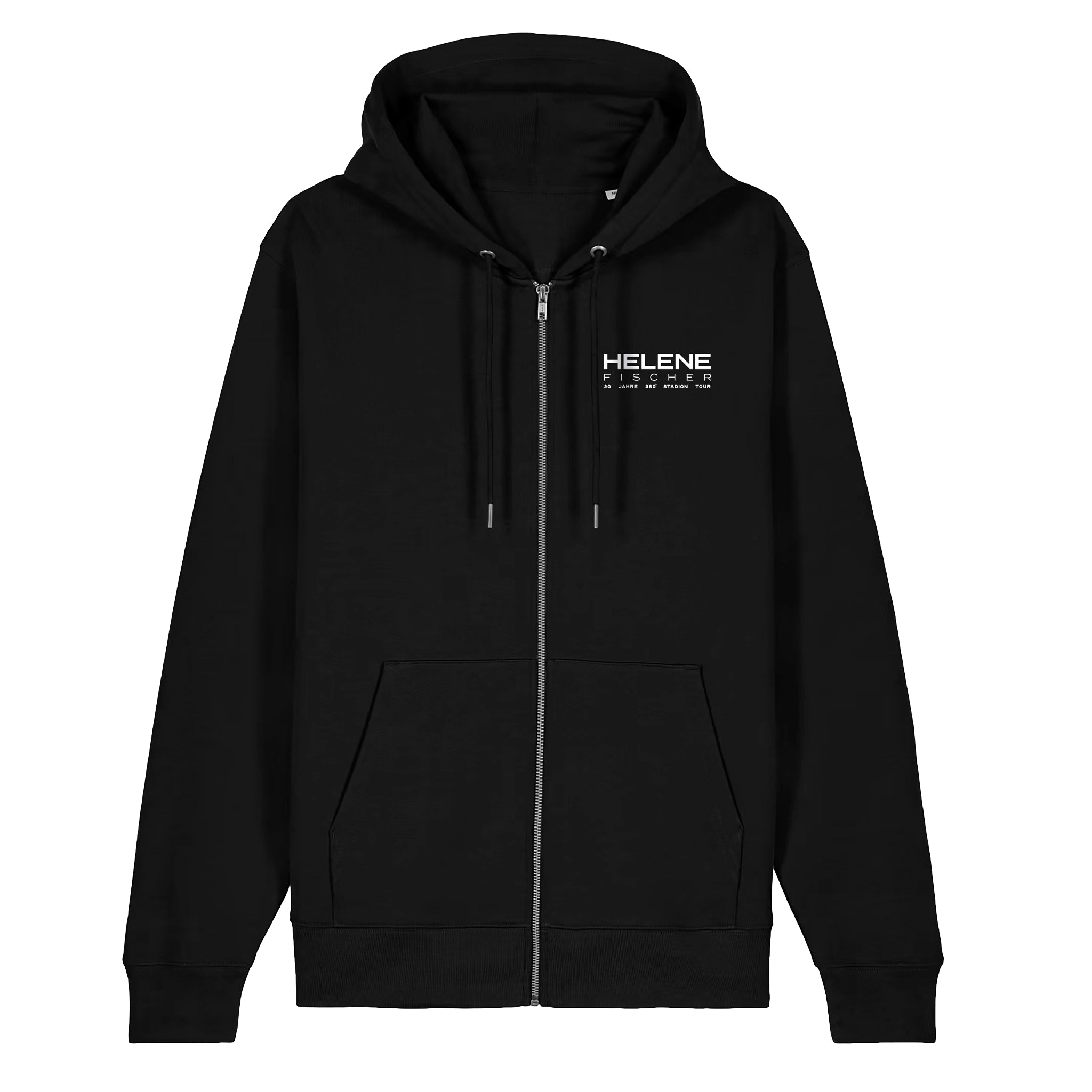 Vorderansicht einer schwarzen Helene Fischer Kapuzenjacke mit durchgehendem Reißverschluss, geteilter Kängurutasche und Kapuze. Auf der linken Brust ist ein kleiner weißer Schriftzug zum 20-jährigen Jubiläum der Stadion-Tour aufgedruckt. 